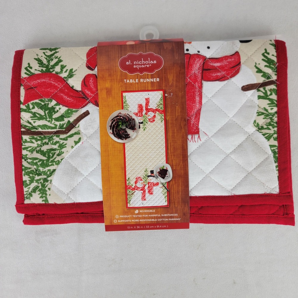 Yuletide Snowman Christmas Quilted Table Runner Reversible 13x36 Holiday Decor